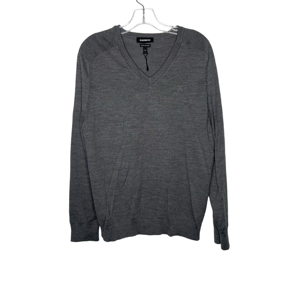 Express Mens Sweater Size L Gray V-Neck Merino Wool Blend Long Sleeve Pullover